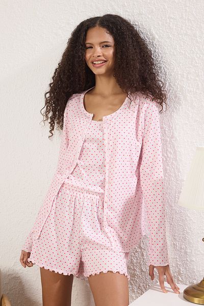 Trendyol Collection Pink Heart Ribbed 3'Li Pajamas Set Thmss25Pt00003