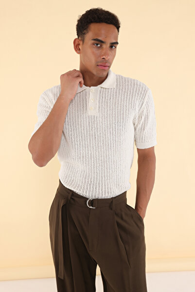 Trendyol Collection Ecru Unisex Regular/Normal střih Polo výstřih Texturované pletené tričko TMNSS25PO00023