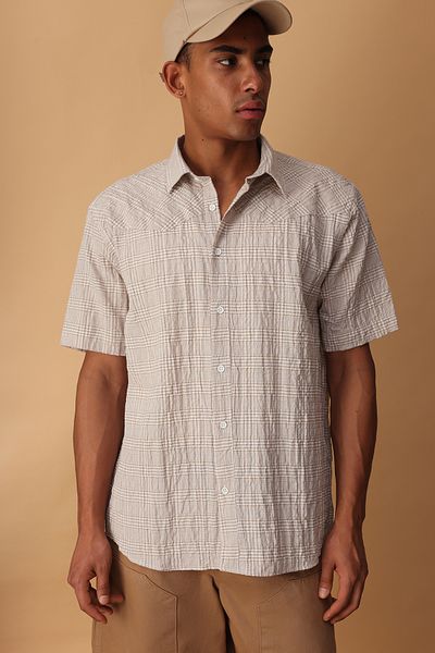 Trendyol Collection Μπεζ Oversize καρό πουκάμισο με εφέ ρυτίδων TMNSS25GO00047