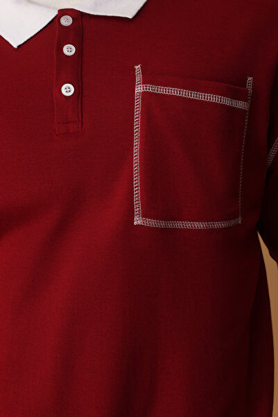 Trendyol Collection Burgundy Oversize/Wide Cut Stitching Detail Polo Neck T-Shirt Tmnss25Po00034