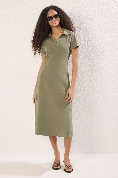Trendyol Collection Skater/Waist Cutout Khaki Polo Midi Dress, Cotton Stretch Knit