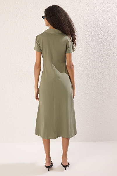Trendyol Collection Skater/Waist Cutout Khaki Polo Midi Dress, Cotton Stretch Knit