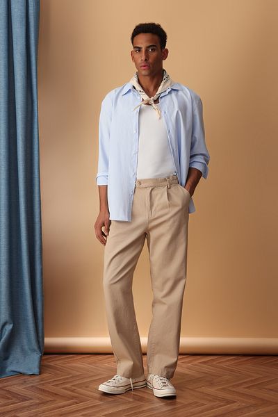 Trendyol Collection Μπεζ Φαρδύ Πόδι - Παντελόνι Straight Fit 100% Βαμβάκι