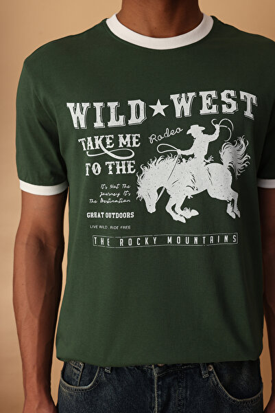 Trendyol Collection Haki Modern Herritage Oversized /Wide Cut 100% Cotton Printed T-Shirt Tmnss25Ts00126