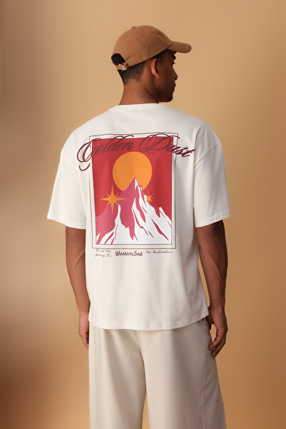 Trendyol Collection Ecru Mountain Back Printed Oversize Cotton T-Shirt - Tmnss25Ts00191