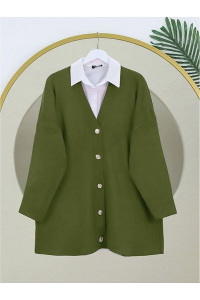 Modamorfo V-Neck Buttoned Oversize Knitwear Cardigan - Khaki