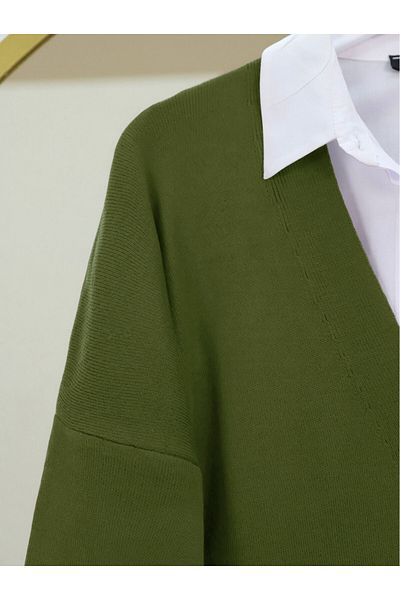Modamorfo V-Neck Buttoned Oversize Knitwear Cardigan - Khaki