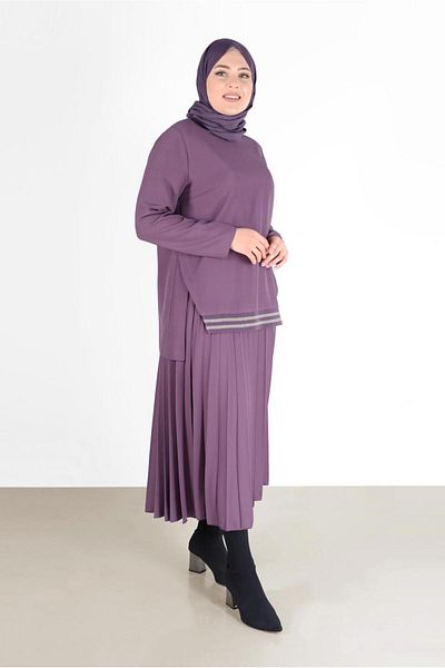 Alvina 20194 Model Pleated and Ribbed Double Skirt Set