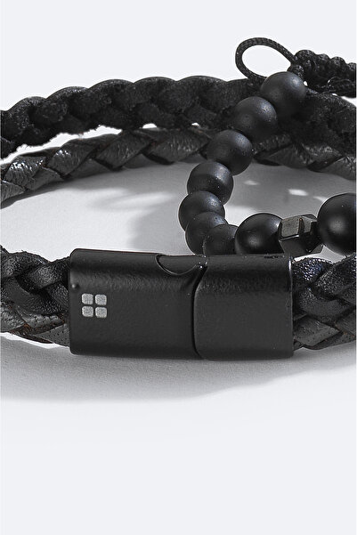 Avva Men's Black 2-Piece 100% Leather Onyx and Hematite Stone Bracelet A51Y9615