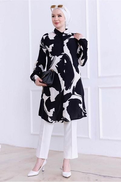 TRENDTESETTÜR Women's Black Patterned Cotton Shirt Tunic t 2773