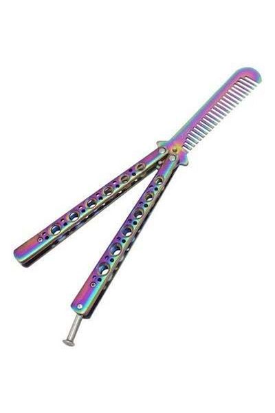 HALAMODO Butterfly Metal Comb Knife Training Tool Pink/Blue/Black 22.7cm