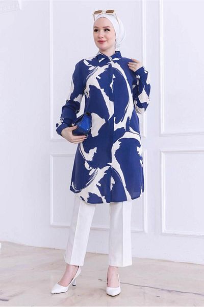TRENDTESETTÜR Women's Navy Blue Patterned Cotton Shirt Tunic t 2773