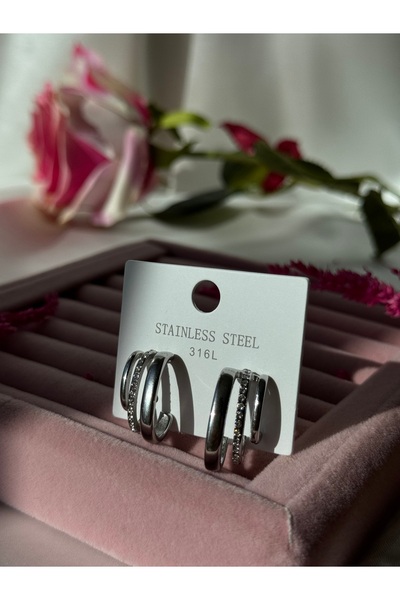 stainless steell Gümüş Renkli 3lü Görünümlü Halkalı Zirkon Taşlı Paslanmaz Çelik Küpe