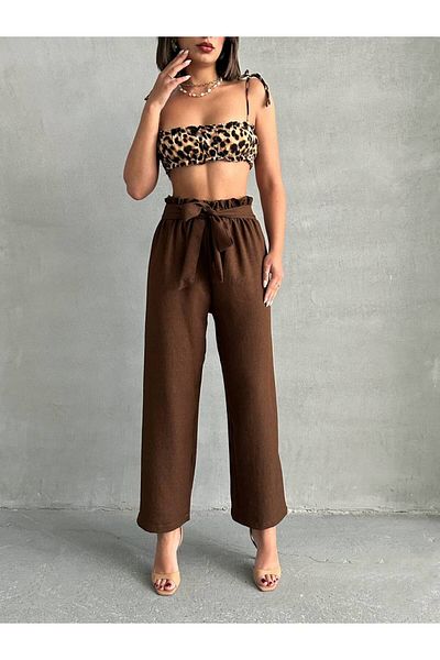 Bleu Petite Belted Linen Fabric Women's Trousers