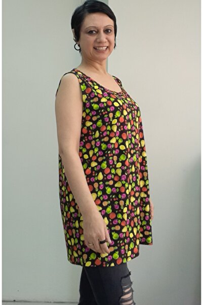 Mertcan Butik Fruit Pattern Thick Strap Hollowed-Out Neck Combed Viscose T-Shirt