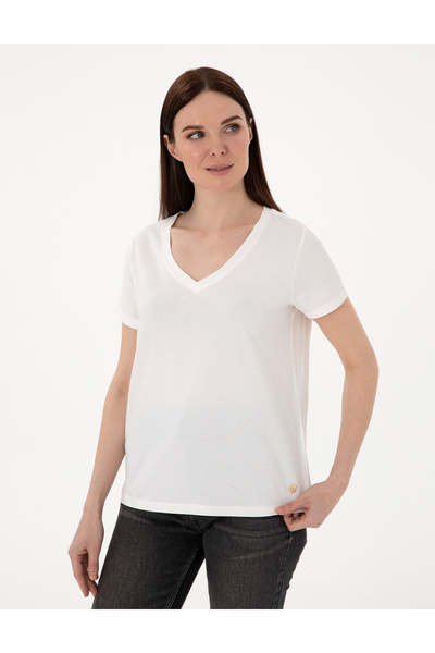Pierre Cardin White Regular Fit V-Neck Basic T-Shirt 50305749-Vr013