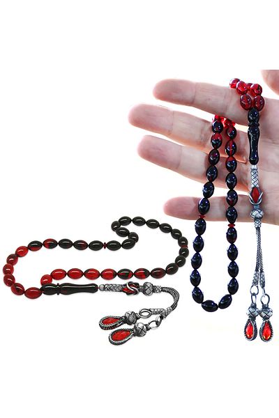 Tesbihane 1000 Sterling Kazaz Tasseled Barley Cut Filtered Red Fire Amber Prayer Beads101001471