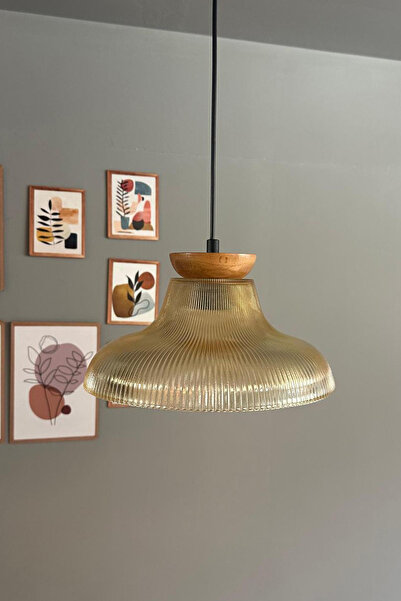 Bamyum Stark Cam Bal Rengi Tekli Avize Tabak Ahşap Başlık Retro Sarkıt Lamba Salon Aydınlatma