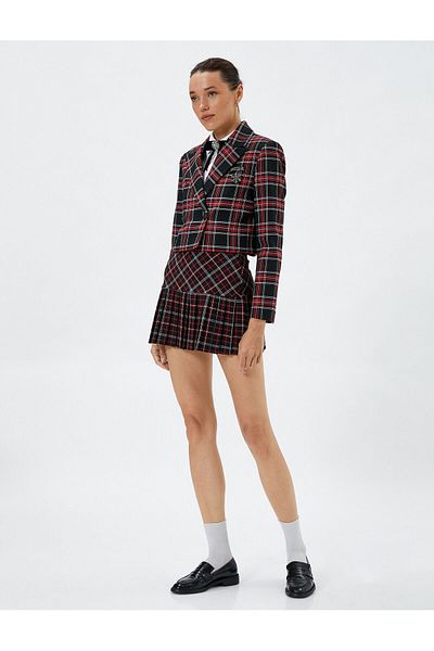 Koton Crop Blazer Padded Jacket Double Breasted Collar Buttoned Brooch Detailed
