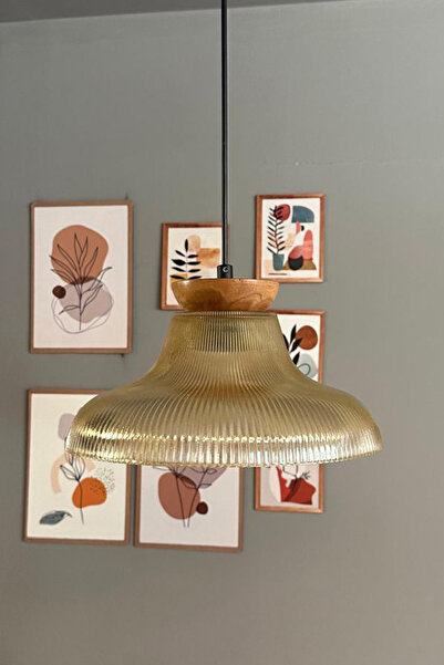 Bamyum Stark Cam Bal Rengi Tekli Avize Tabak Ahşap Başlık Retro Sarkıt Lamba Salon Aydınlatma