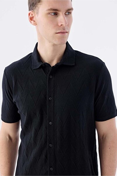 Jakamen Black Slim Fit Shirt Collar T-Shirt