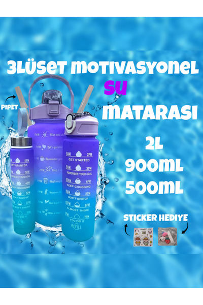 bezzar 3'lü set BPA içermez motivasyonel mor su mataraı,su şişesi [2lt,750ml,...