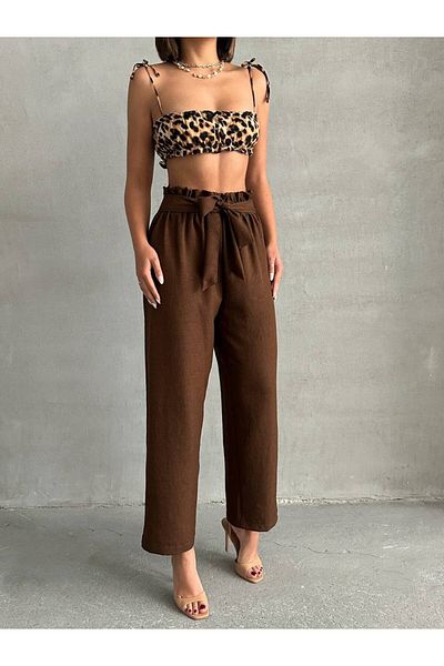 Bleu Petite Belted Linen Fabric Women's Trousers