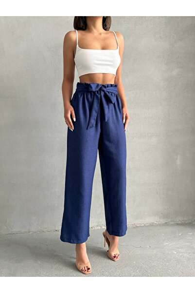 Bleu Petite Pantaloni de damă din țesătură de in cu curea