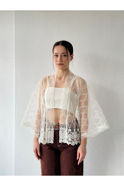 Retrobird Mini kimono din tul alb - DESIGN MINI KIMONO Top pentru BOOK INSIDE Traces LemAns