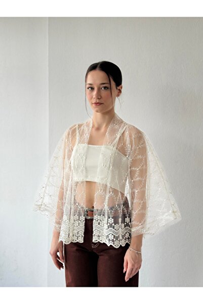 Retrobird Білий тюль міні кімоно - DESIGN MINI KIMONO Üステ KiTAP İÇiNSi İZ LemAnlar