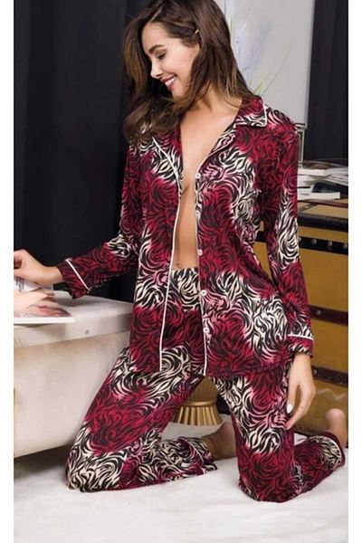 H&S STORE Buttoned Pajama Suit Burgundy Color Zebra Patterns and Button Detail