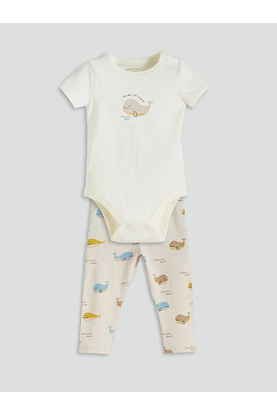 LC Waikiki Lcw Baby Ecru Organic Fabric Baby Boy Snap Body and Leggings 2-Pack