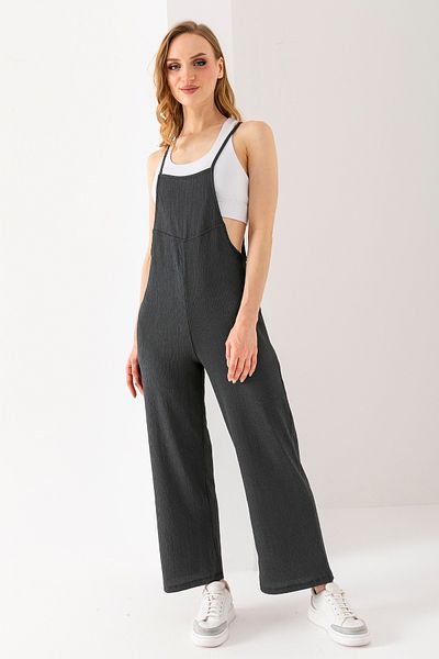 GİYSA Women's Thin Strap Double Pocket Wrap Jumpsuit Anthracite - 5789