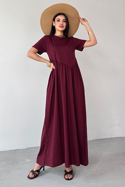 Cappmoda ELB-01763 Βουργουνδία Φόρεμα με πιέτες με κοντό μανίκι μίντι μήκους