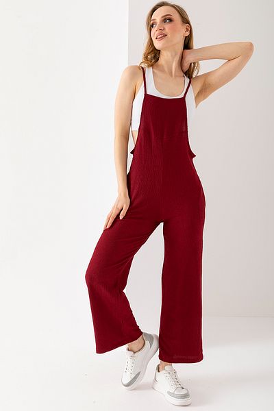 GİYSA Women's Thin Strap Double Pocket Wrap Jumpsuit Claret Red - 5789