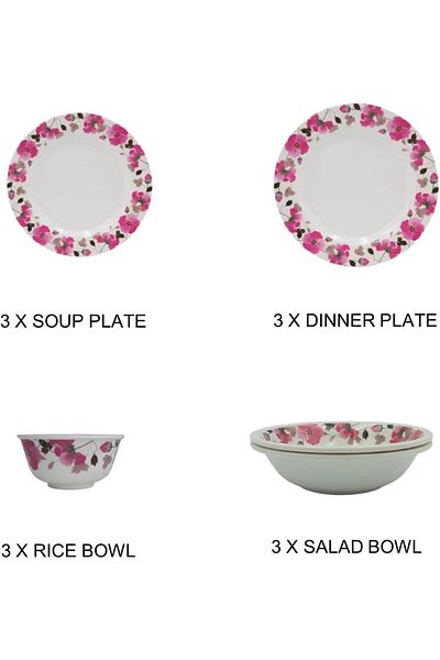 Melrich Melamine 12 Pcs Dinner Set, Dishwasher Safe, 3 Dinner & 3 Soup Plate, 3 Salad & 3 Rice Bowl