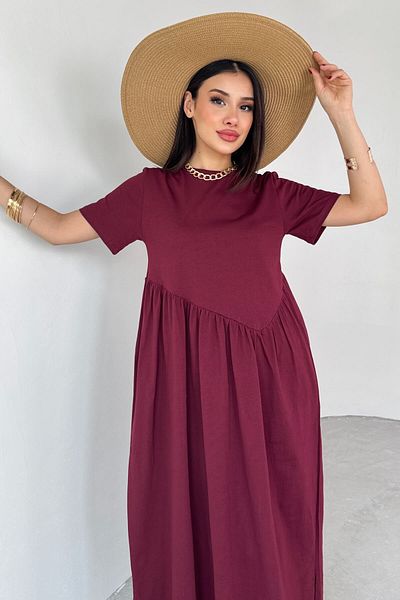 Cappmoda ELB-01763 Βουργουνδία Φόρεμα με πιέτες με κοντό μανίκι μίντι μήκους