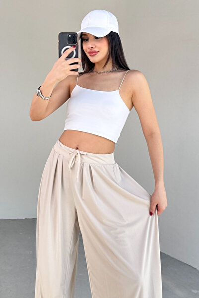 Cappmoda Pnt-07413 Stone Color Modal Fabric Trousers with Leg Detail