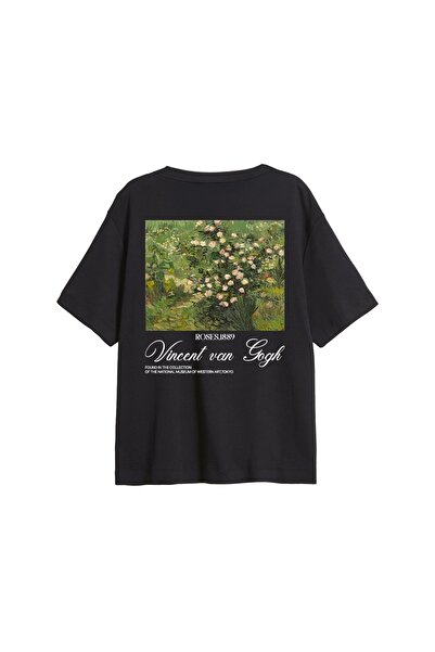 CİNEMA MODA Tricou negru pentru femei V. Van Gogh Roses imprimat