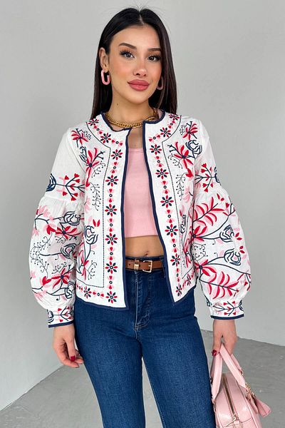 Cappmoda CKT-12443 Λευκό ροζ λουλούδι κεντημένο μπουφάν