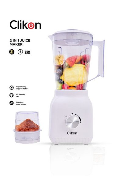 CLIKON 2-in-1 Juicer Blender Chopper with Wet & Dry Grinder, 1.5L Jar, 550W Motor