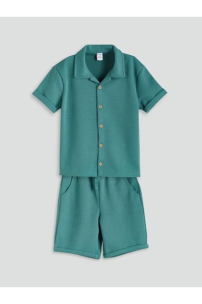 LC Waikiki Lcw kids green resort collar basic shirt and shorts set of 2