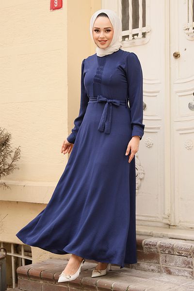 Neva Style Navy Blue 6621L Belted Hijab Dress