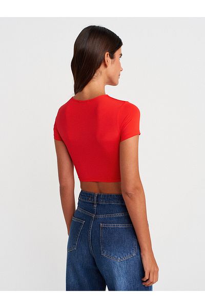 Dilvin Crew Neck Crop Top - Red