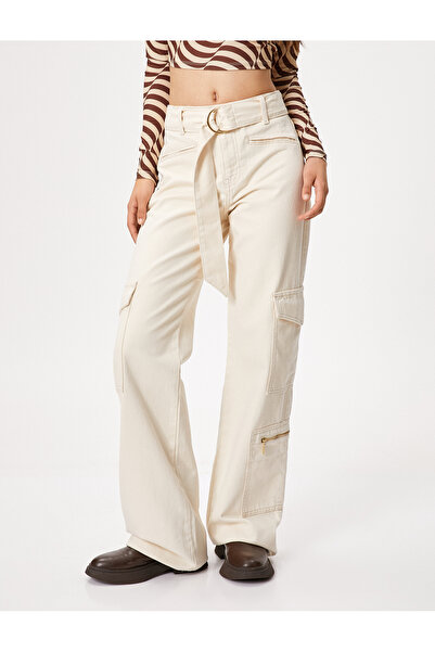 Koton Cargo Jeans Wide Leg High Waist Belt Detailed Pocket - Nora Jean