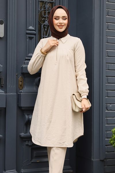 Neva Style تونيك حجاب بيج بسحاب 1467BEJ