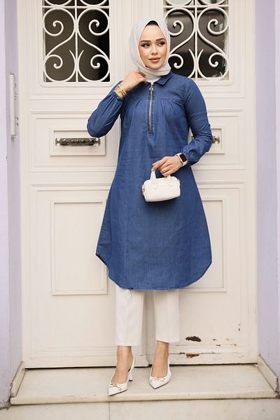 Neva Style Zippered Navy Blue Hijab Denim Tunic 4673L