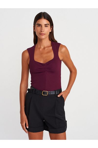 Dilvin 31703 Gather Detailed Top-Burgundy