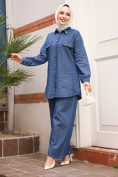 Neva Style Navy Blue Jeans - Buttoned Double Suit 44631L