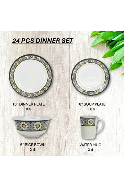 Melrich 24 Pcs Melamine Dinner Set Dinner and Soup plates, Bowls and Water mugs